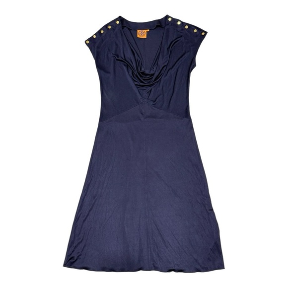 Tory Burch - Navy Silk Cowl Neck Dress W/gold Tone Buttons Size Small - Picture 4 of 8